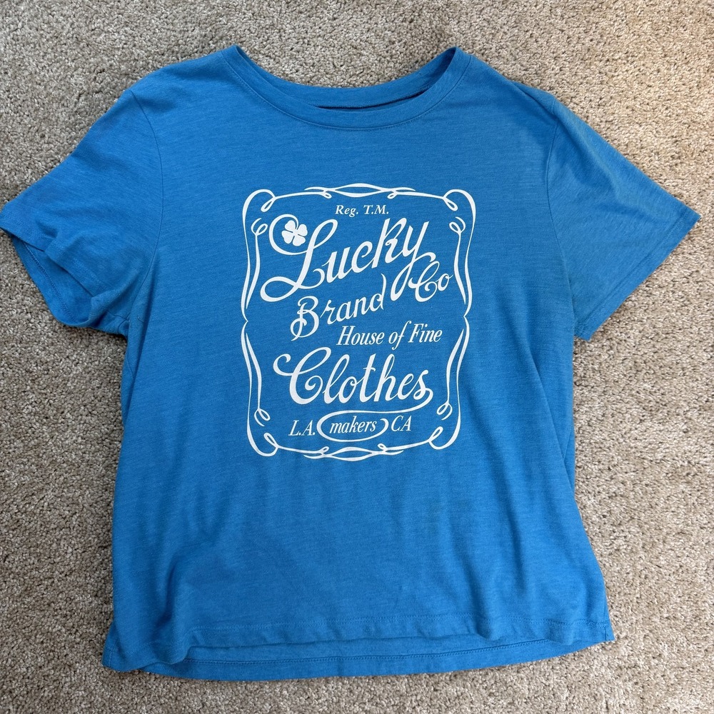 Lucky Brand Shirt Womens L Blue Graphic Logo Crew Neck Short Sleeve Top Casual